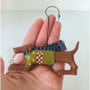 Vintage Williraye Studio Set Folk Art Dog W/ Candy Cane Christmas Ornament